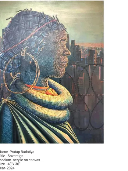 'Sovereign,' a 48 by 36-inch acrylic painting, portrays a tribal figure against a modern cityscape, separated by barbed wire. The work is a commentary on the displacement of indigenous cultures and the assertion of identity in the face of urbanization.