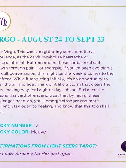 A weekly tarot forecast for Virgo. This week might bring some emotional turbulence, as the cards symbolize heartache or disappointment. But remember, these cards are about growth through pain. Stay open to healing.
