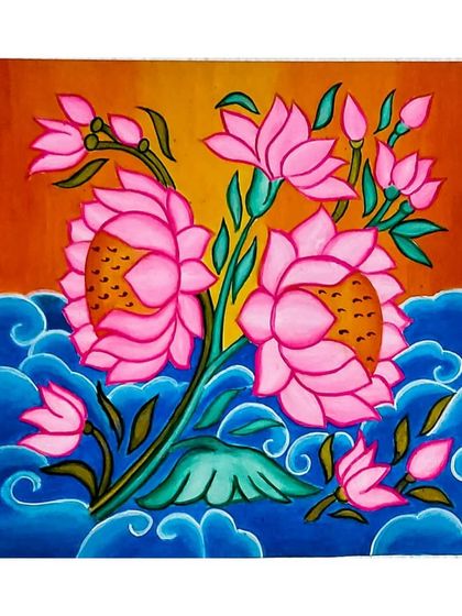 A beautiful bunch of lotus flowers, a common and beloved symbol in Kerala mural art. The bright pink blossoms stand out against the warm orange sky and cool blue water, creating a feeling of peace.