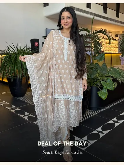 The Svasti Beige Kurta Set is another one of my favorite neutral pieces. The all-over print and lace detailing make it anything but basic.