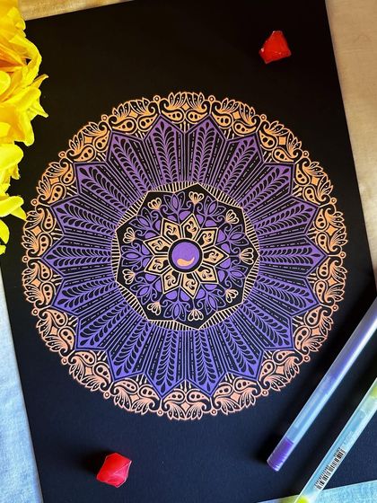 A full view of this stunning piece. The way the colors stand out against the black is what makes this technique so special.