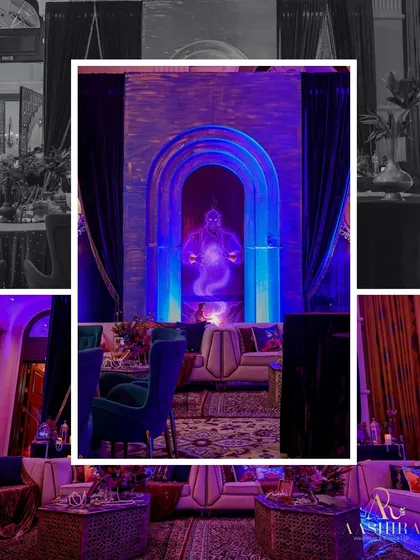 A collage showcasing the "Aladdin Genie Glow" theme, from the main backdrop to the cozy, detailed seating areas.