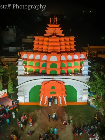 A pandal decorated in the colors of the Indian flag, a beautiful patriotic theme for the 2022 Durga Puja.