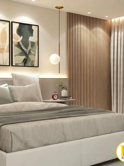 Another angle of the bed, highlighting the fluted wood paneling and the warm, inviting atmosphere.