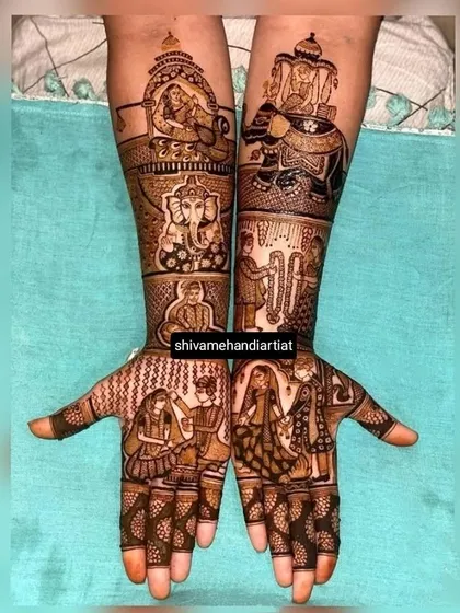 A vibrant story mehendi depicting the baraat with the groom on an elephant, the doli ceremony, and portraits of the couple exchanging garlands.