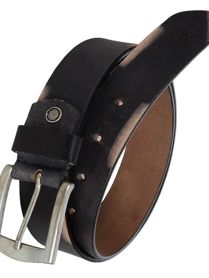 This belt is crafted from black leather with a unique brushed finish, giving it a slightly worn-in, vintage look. The classic silver-tone buckle provides a sharp contrast.