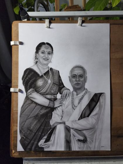 A finished portrait of an older couple, showcasing the detail in their traditional attire.