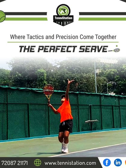 The perfect serve is where tactics and precision come together. A player is captured mid-serve, showcasing the technique we teach.