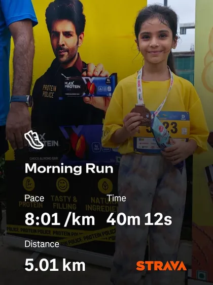 The young runner's stats from her 5km race. We are so proud of her achievement and her amazing pace.