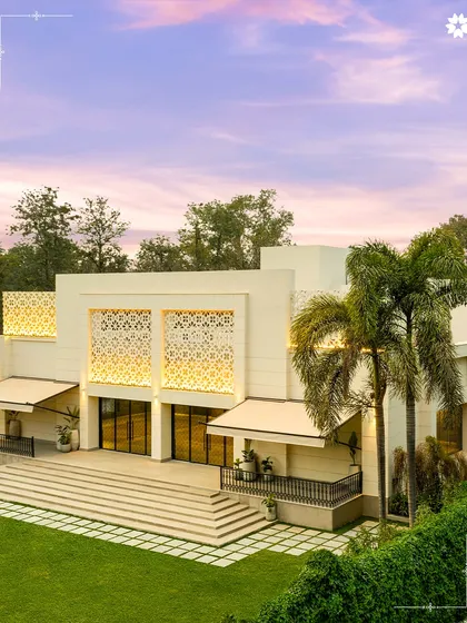 The stunning modern facade of Araya Bagh in New Delhi, our affiliated venue. This partnership allows us to bring our signature catering and service to the capital.