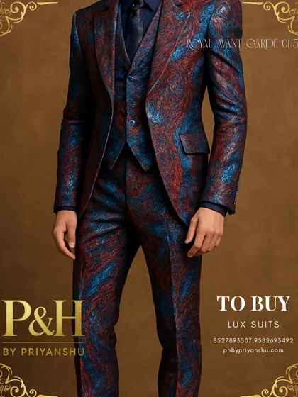 A detailed view of the patterned suit's fabric, showing the intricate weave and the dynamic interplay of red and blue threads that create its unique, almost liquid appearance.