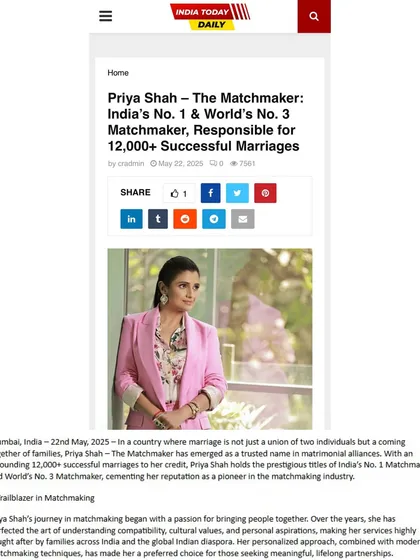 Various publications like India Times, India Today, Ahmedabad Mirror, and The Hindustan Express have featured my success in arranging over 12,000 marriages. They recognize me as India's No. 1 and World's No. 3 Matchmaker, cementing my reputation as a pioneer in the industry.