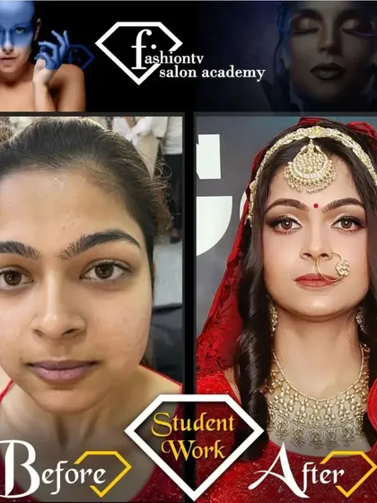A powerful before and after transformation into a traditional bride. This demonstrates the skills you will learn in foundation matching, feature enhancement, and creating a complete bridal persona.