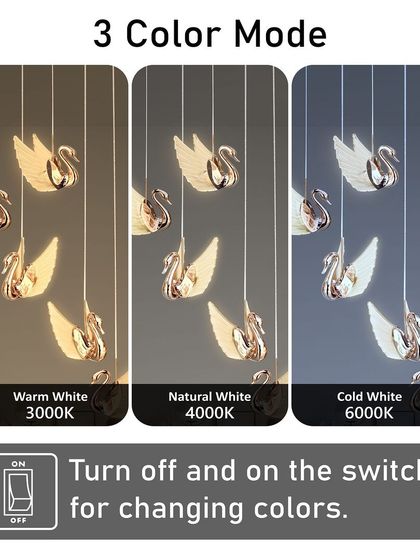 Our rose gold swan chandelier also features the 3-color mode. This allows you to change the ambiance of your room from a cozy warm glow to a bright, cool light instantly.