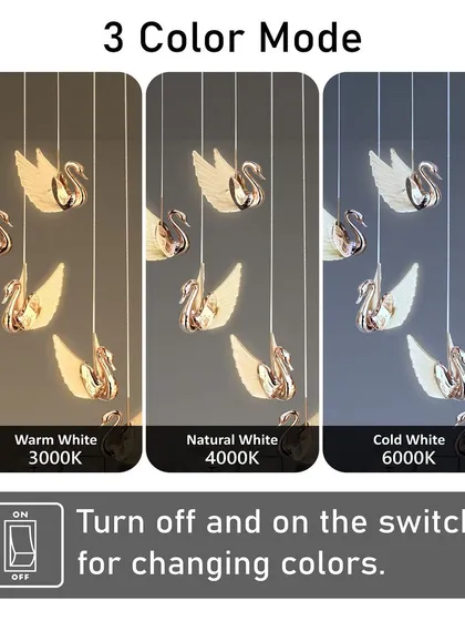 Our rose gold swan chandelier also features the 3-color mode. This allows you to change the ambiance of your room from a cozy warm glow to a bright, cool light instantly.