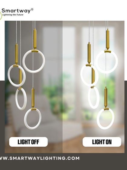 This image shows the difference a light can make. Our modern ring pendants look beautiful when off, but they truly come to life when switched on, providing a soft, ethereal glow.