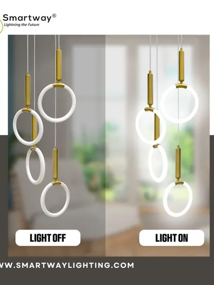 This image shows the difference a light can make. Our modern ring pendants look beautiful when off, but they truly come to life when switched on, providing a soft, ethereal glow.
