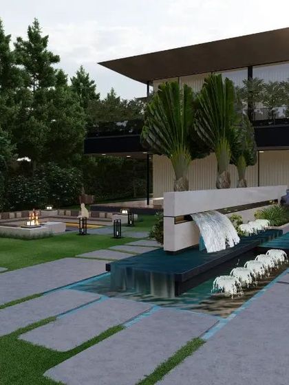 A modern farmhouse concept where a cascading water feature elegantly separates the driveway from the lawn. This design uses water as a transitional element, adding sound and movement to the landscape.