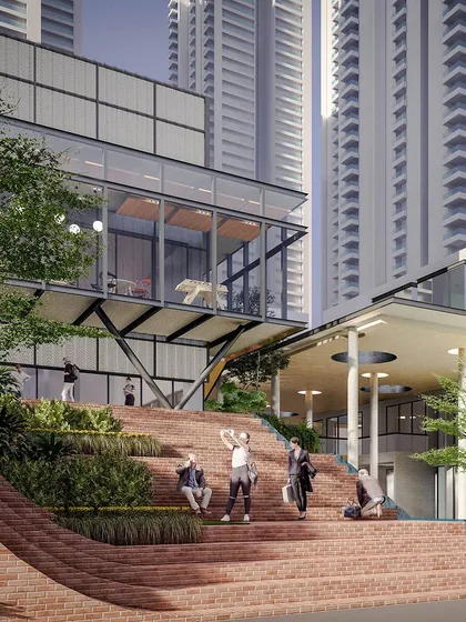 Our concept for the Myhome Vipina Clubhouse in Hyderabad reimagines community spaces. The design features large, open-air stepped seating and a cascading waterfall, creating a dynamic social hub for residents to connect and relax.