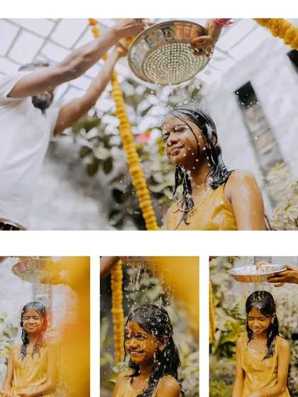 A collage from a Mangala Snaanam ceremony, capturing the joyful moments of the water ritual.