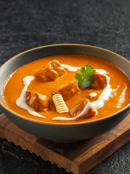 Paneer Butter Masala, showcasing soft paneer cubes in a luscious, orange gravy. The lighting brings out the sheen of the curry.