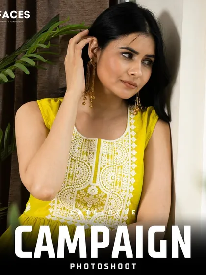 This image captures a model in a yellow embroidered dress, framed by indoor plants. The soft, natural lighting creates a serene and appealing look for a lifestyle brand.