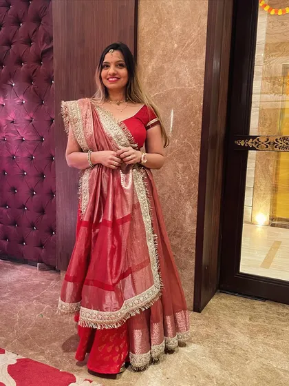 **Saree on Lehenga:** One of my most requested styles. I show multiple ways to combine a saree with a lehenga, creating a layered, grand look perfect for brides and wedding guests.