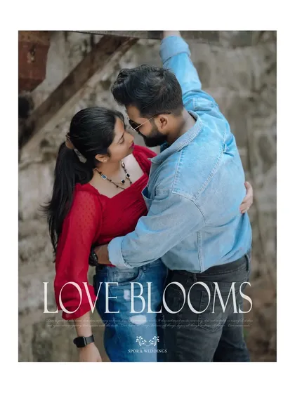A romantic embrace with the title "Love Blooms," perfectly capturing the couple's blossoming love story.