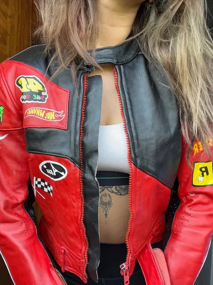 Modeling the finished hand-painted biker jacket.