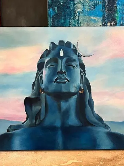 This 5x3 feet oil on canvas painting of the Adiyogi has been sold. I aimed to capture the immense serenity of the statue against a soft, ethereal sky, creating a meditative piece that brings a sense of calm to any space.