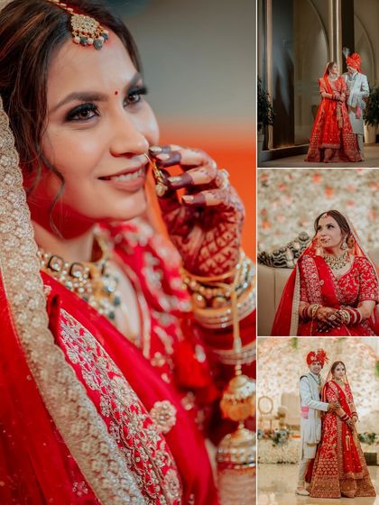 A collage of the bride, Kritika, and her moments with Lokesh, highlighting her stunning red lehenga and the joy of their wedding day.