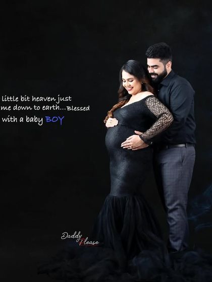 A touching couple's portrait with a smoke effect and a sweet message. This photo is a beautiful way to announce the coming arrival of a baby boy.