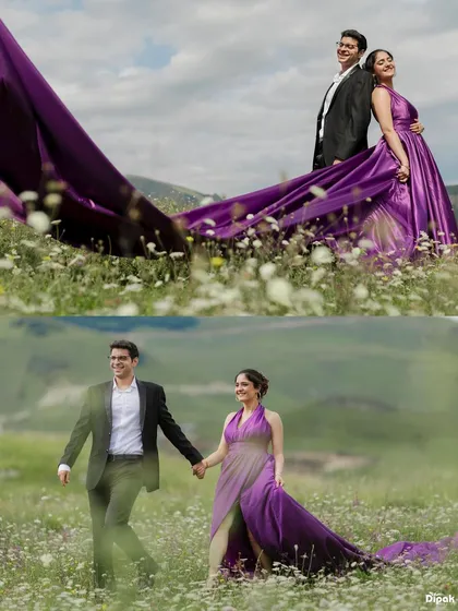 A dramatic and romantic pre-wedding photograph from Baku, Azerbaijan. The bride's vibrant purple gown with a long trail flows through a field of wildflowers, highlighting my flair for creating stunning, high-fashion portraits.