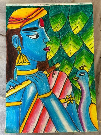 A close-up of the Lord Krishna drawing, allowing a better look at the fine details on the flute, the peacock, and the textures in the background.