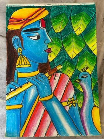 A close-up of the Lord Krishna drawing, allowing a better look at the fine details on the flute, the peacock, and the textures in the background.