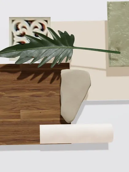 This material board speaks the language of sophistication with wooden warmth, refreshing greens, and intricate carvings against a serene off white canvas.
