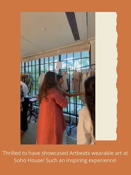 Thrilled to have showcased Artbeats wearable art at Soho House. This photo captures a moment of connection, with customers browsing the collection and feeling the fabrics.