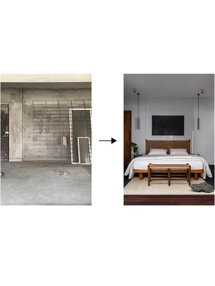A before-and-after view of the master bedroom. The transformation shows how my custom bed, bench, and lighting design turned a raw concrete shell into a serene and sophisticated sanctuary.