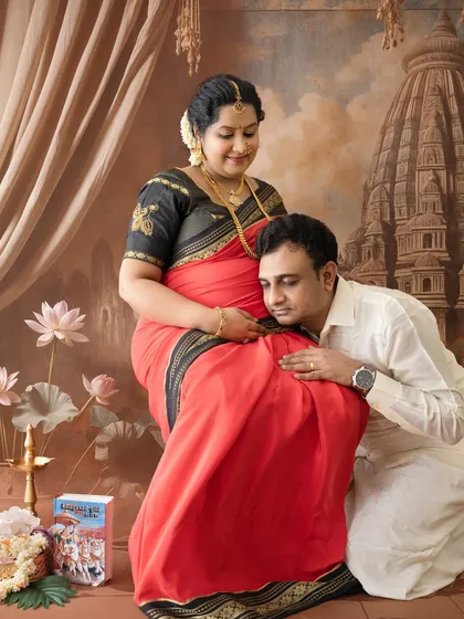 A traditional maternity portrait inspired by classic Indian paintings. The couple is posed in a culturally rich setting, with the partner listening to the baby bump, celebrating heritage and new beginnings.