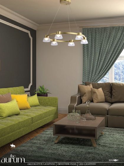 This modern ring chandelier adds a touch of contemporary elegance to a classic living room. The brushed gold finish complements the room's color palette, providing focused light over the coffee table without overwhelming the space.