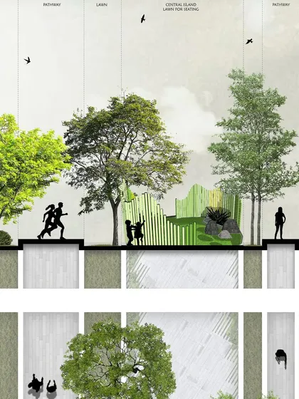 A closer look at our design concept, featuring a central sculptural installation that merges art with nature. Our goal is to create unique, thought-provoking elements within the landscape that encourage community interaction and provide a memorable experience.