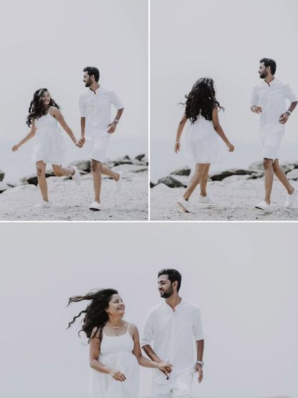 A collage of a couple in white outfits, walking and enjoying a playful time on the beach.
