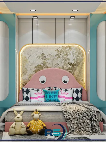 This colorful kids' room design is centered around a playful pink bed with a character-inspired headboard. The room includes custom wardrobes and uses a mix of pastel colors to create a cheerful space.