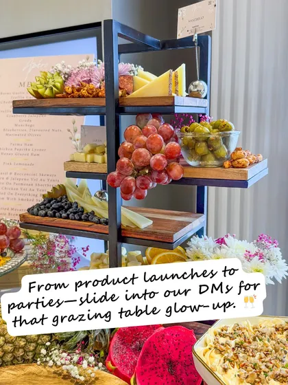 From product launches to parties, we're ready for your grazing table glow-up. This shot from the Bioderma event shows our stunning tiered setup, ready to wow guests.