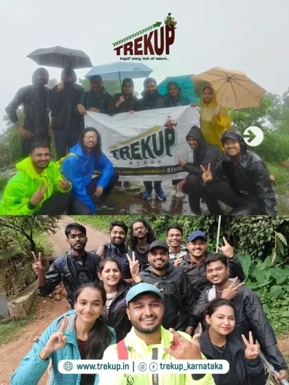 Two group photos from the Bandaje trek, one in the rain with ponchos and another with happy faces on the trail.