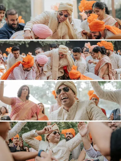 The groom's side of the story. This collage captures the fun and energy of the groom's friends and family during the baraat and wedding rituals.