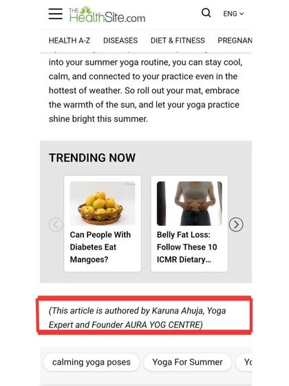 A screenshot showing my author credit on TheHealthSite.com. I am passionate about sharing authentic yoga knowledge to help a wider audience.