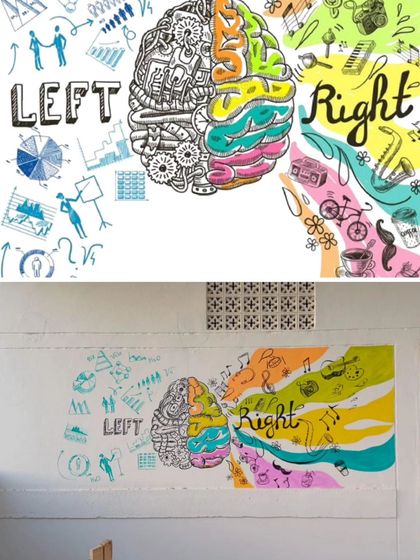 This left-brain vs. right-brain mural was designed for a school's creative corner. It visually represents the balance between logic and creativity, inspiring students to explore both sides.