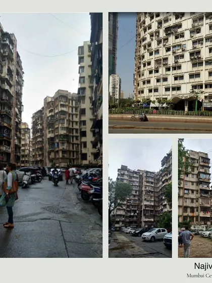 Before: A collage depicting the existing state of Navjivan CHS in Mumbai Central, a site primed for urban regeneration.