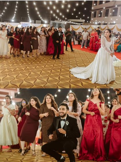 The joy of celebration is infectious. This collage shows the couple and their guests dancing together, creating a lively and inclusive atmosphere on the dance floor at Ryan and Ela's reception.